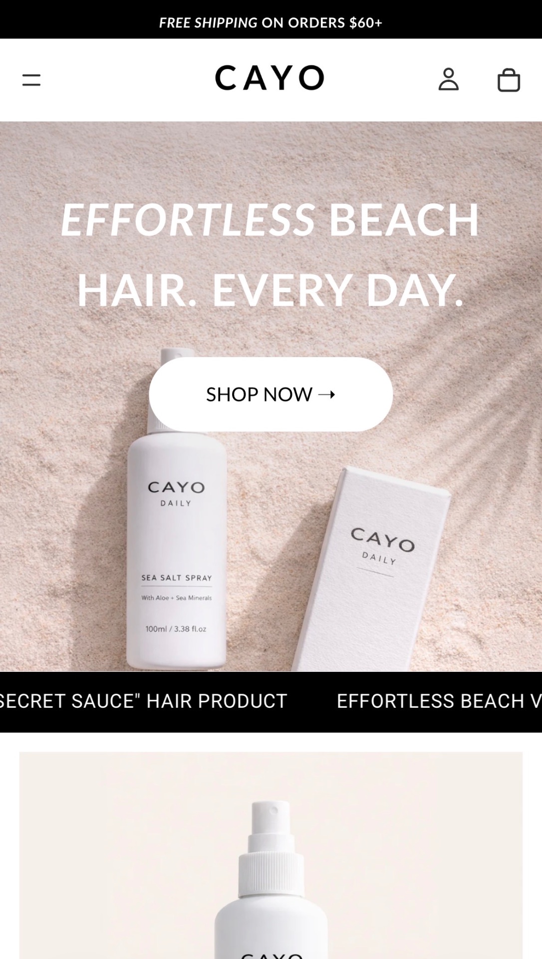CAYO homepage hero on mobile